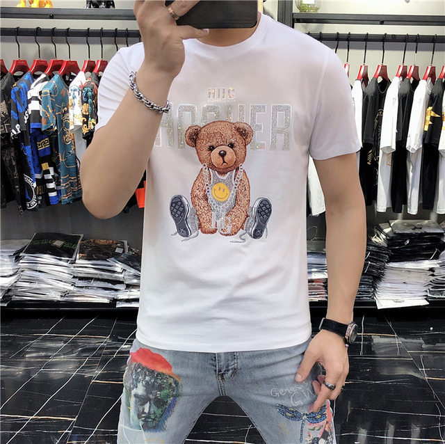 Rhinestones Tshirt Men T Shirt Unisex Streetwear Slim Men's Short Sleeve  Shirts Diamond Inlaid Teddy Bear Toy Plus Size Cool Hot - AliExpress