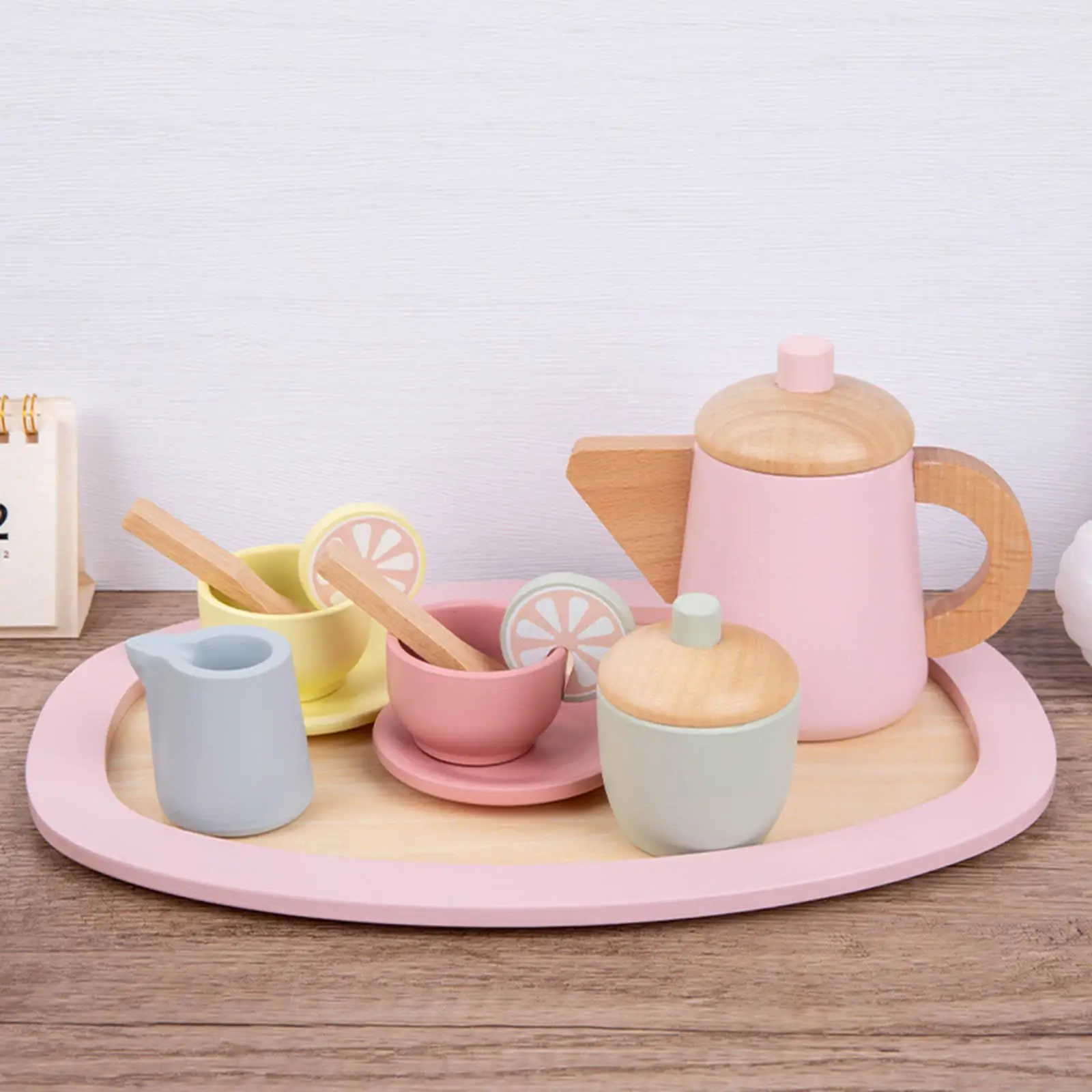 Wood Tableware Set Tea Coffee Cup Saucers Spoons Tray for Preschool Boy Girl