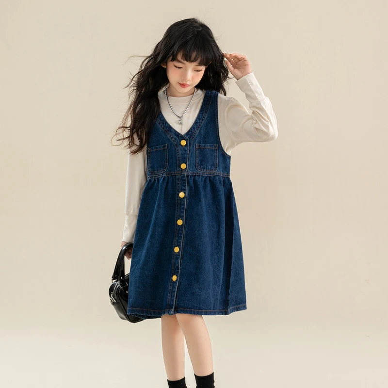 Denim T-Shirt Dress  Girls Outfits Set Spring Long Sleeve Two Pieces Teen Children Clothing 10 12 13 Years Casual Kids Tees Child’s Tops and Teens Dresses in Blue
