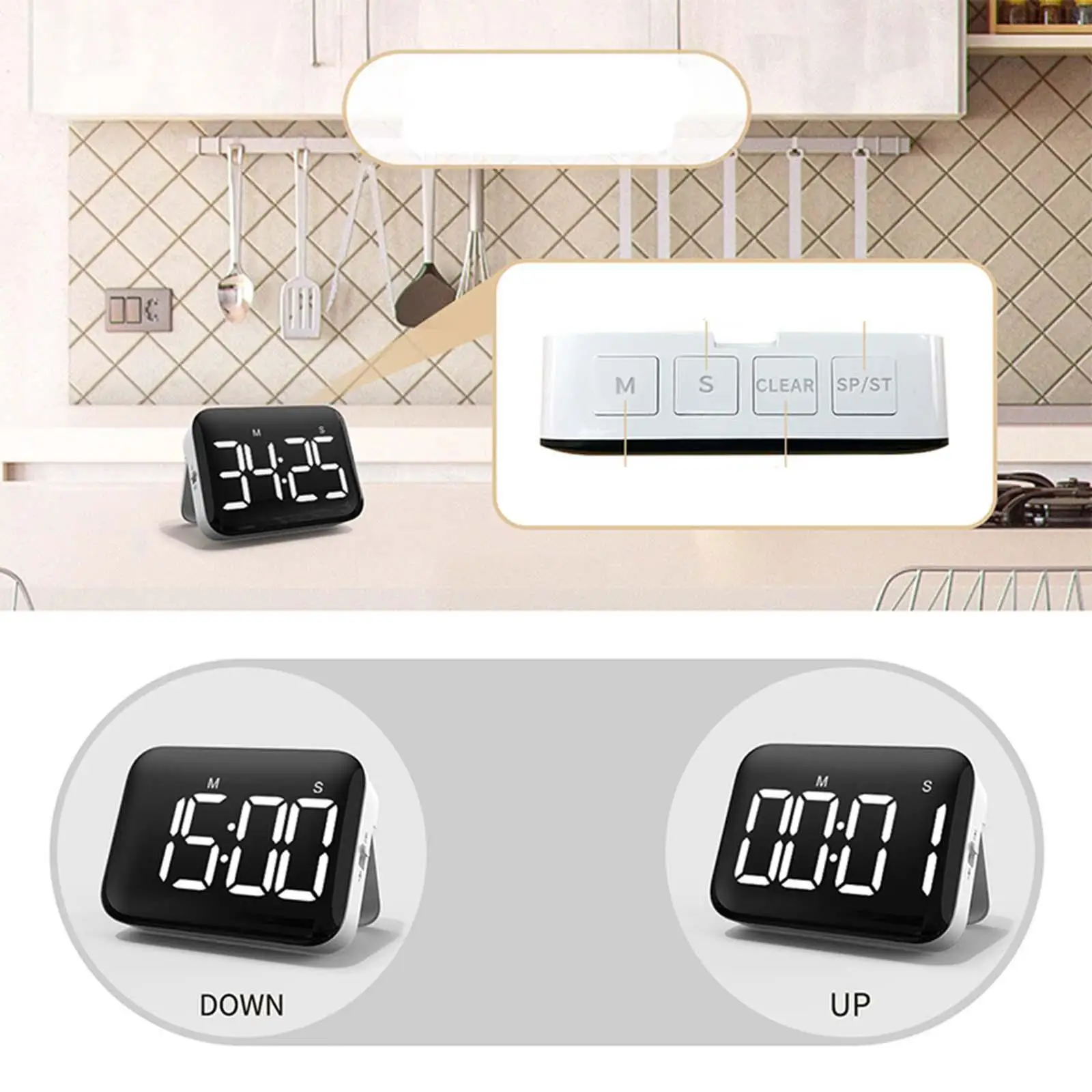 Small Magnetic Digital Kitchen Timer Desktop Clock Count up Countdown for Classroom Sports Students Teachers Massage Large LCD