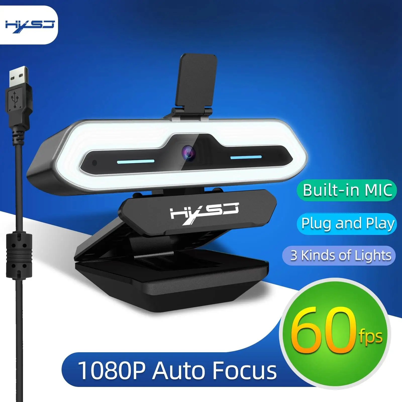 Full HD 1080P Webcam Light Effects AutoFocus Webcam 60FPS USB Web Cam for PC Laptops Video Calling Computer Plug and Play