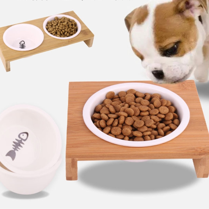 Title 7, Cat Food Bowl with Wood Holder Ceramic Feeder B...