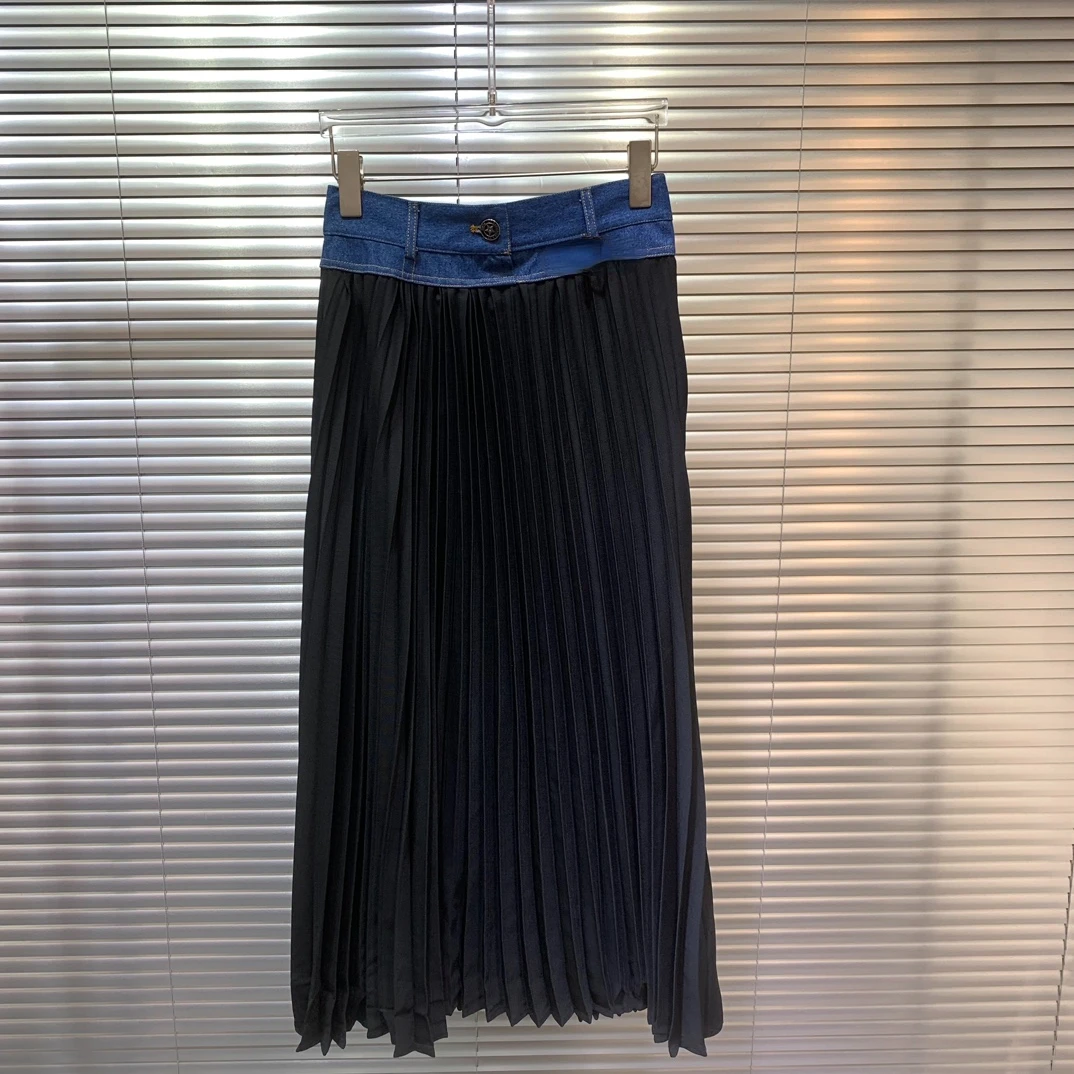 ALSEY 2023 Early Fall New Fashion Unique Style A Word Skirt Denim Waist Head Splicing Pleated Fan-shaped Slim Women's Half Skirt