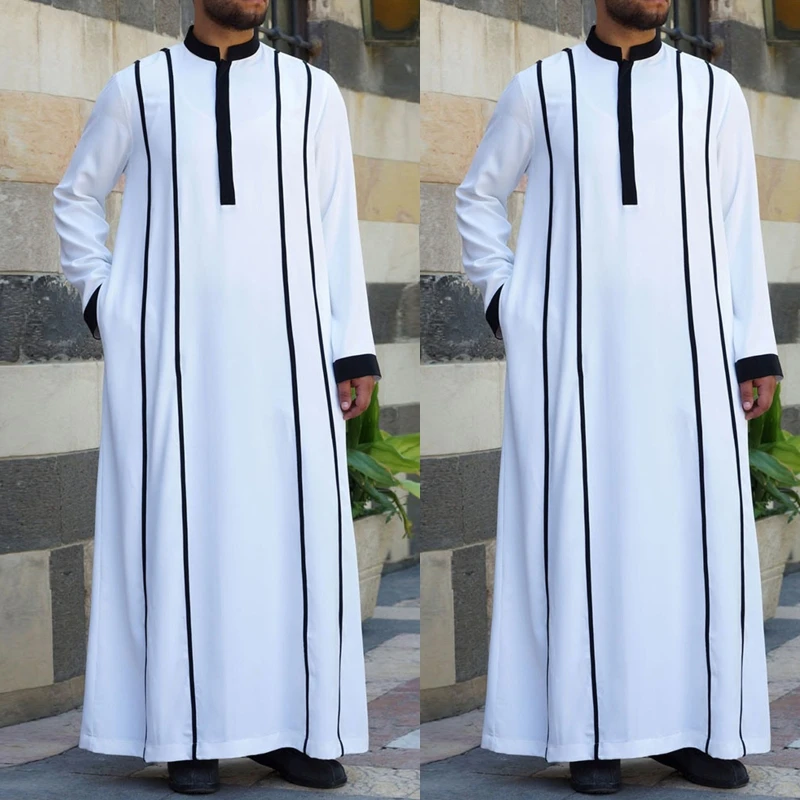 Skin-friendly Muslim Clothing Traditional Eid Middle East Jubba Thobe Men Robe w/ Long Sleeve Crew Neck Leisure Clothing
