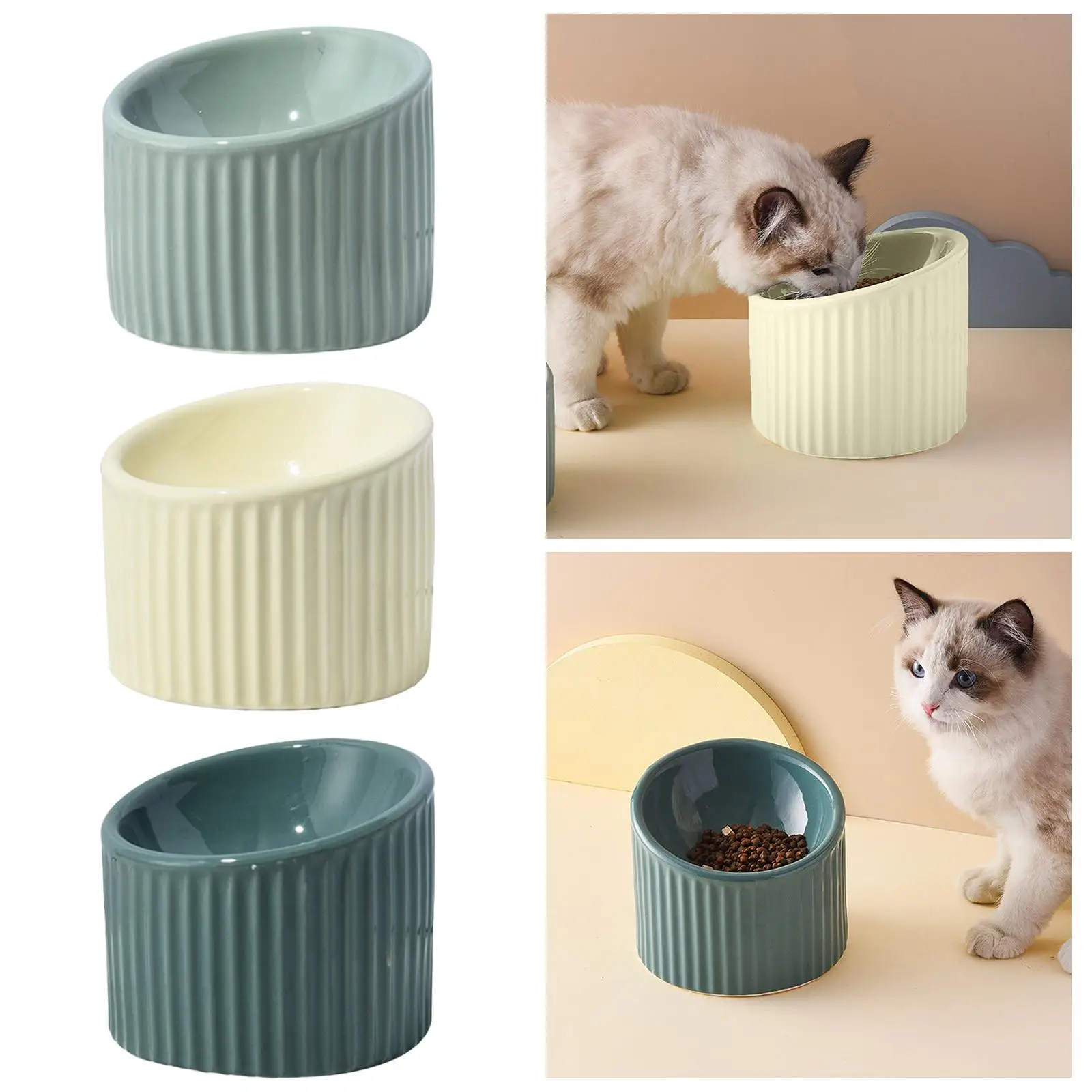 Pet Feeder Slanted Shallow Cat Dish Cute Ceramic Tilted Elevated Cat Bowl