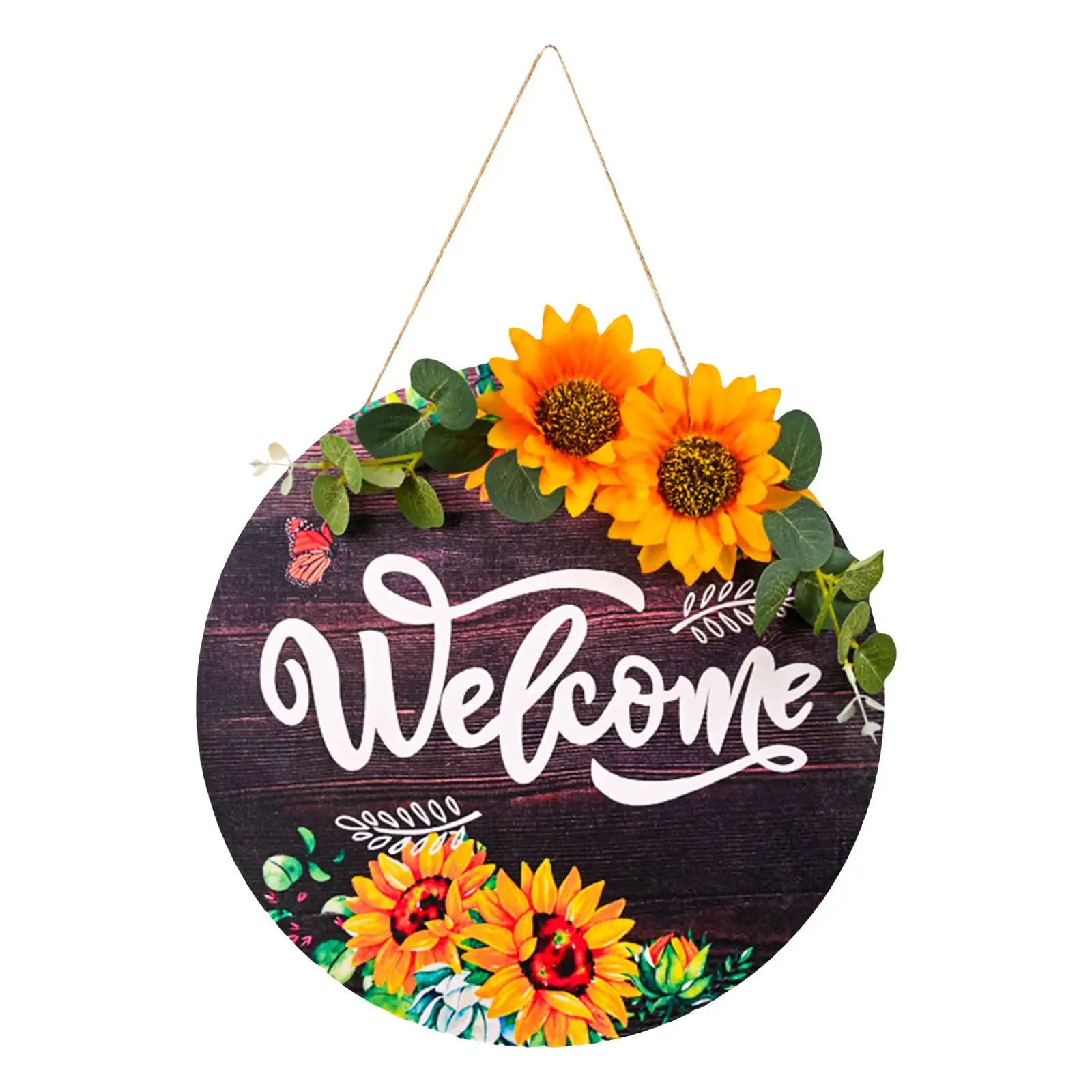 Round  Welcome Sign  Door Wooden Plaque Signs Artificial Flower for Home Decor Office Living  