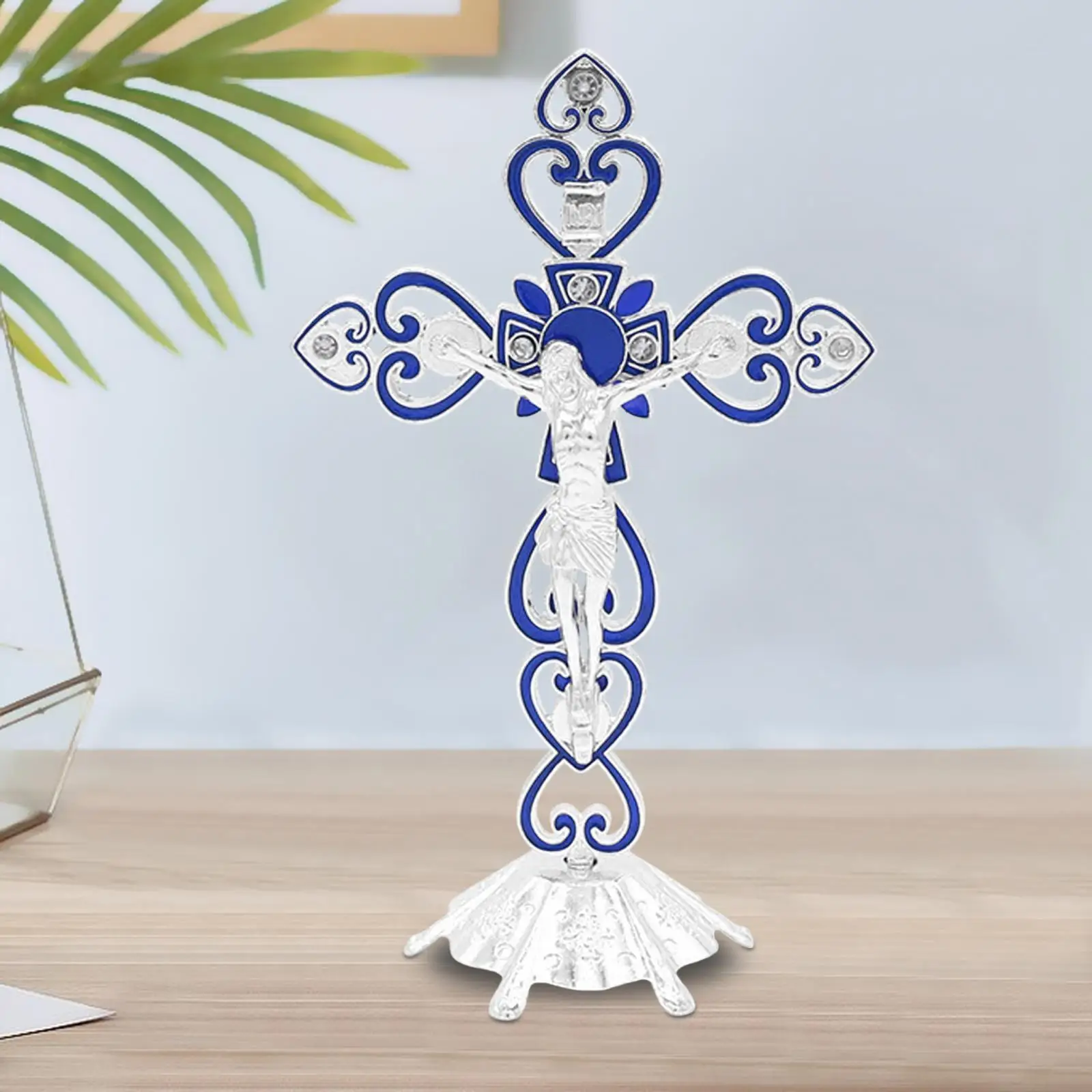 Metal Decorative Crucifix Standing Cross Table Shelf Decoration Fine Workmanship Vintage Style for Prayer Detachable Base