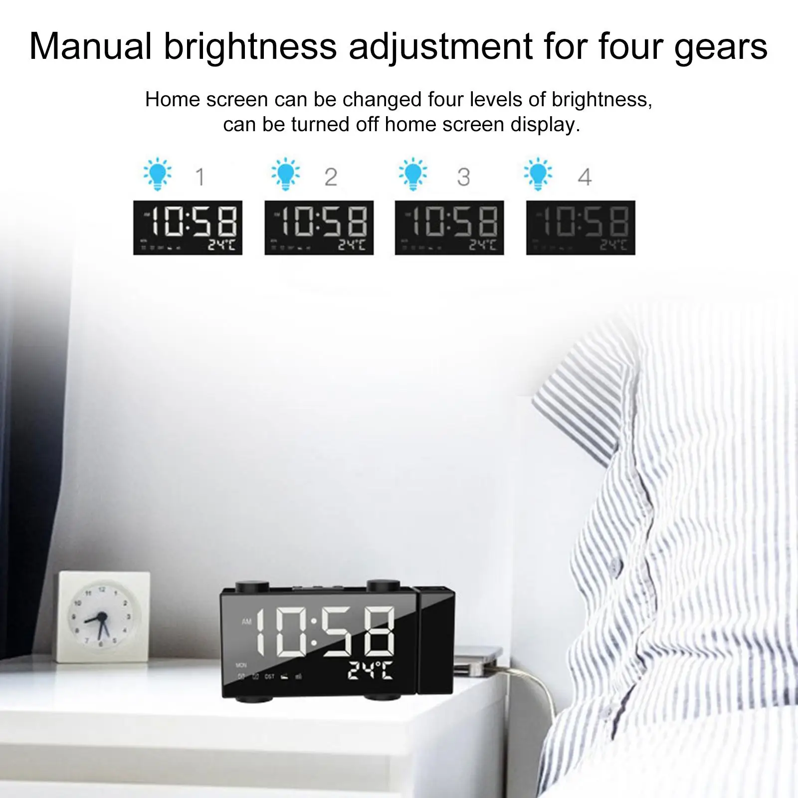 Projection Alarm Clock 4 Adjustable Brightness Large LED with USB Charging Port 12/24H for Ceiling Wall Office Home Kid Elderly