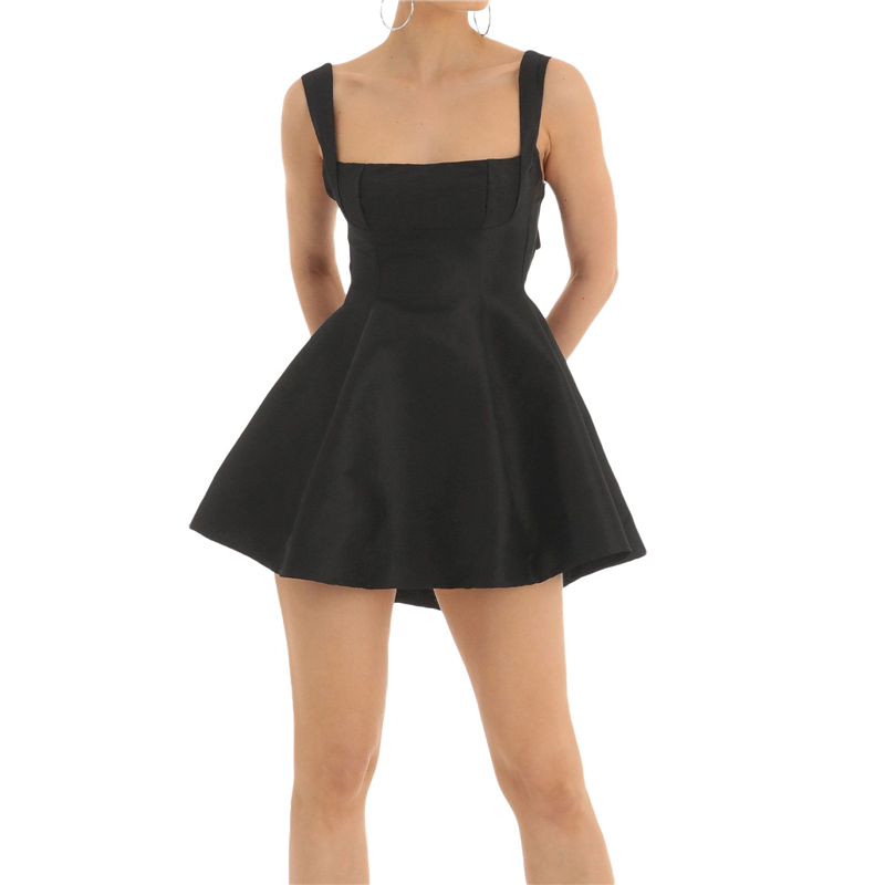 Satin Dress for Women Summer Solid Color Square Collar Sleeveless Backless A Line Mini Dress Elegant Party Dresses