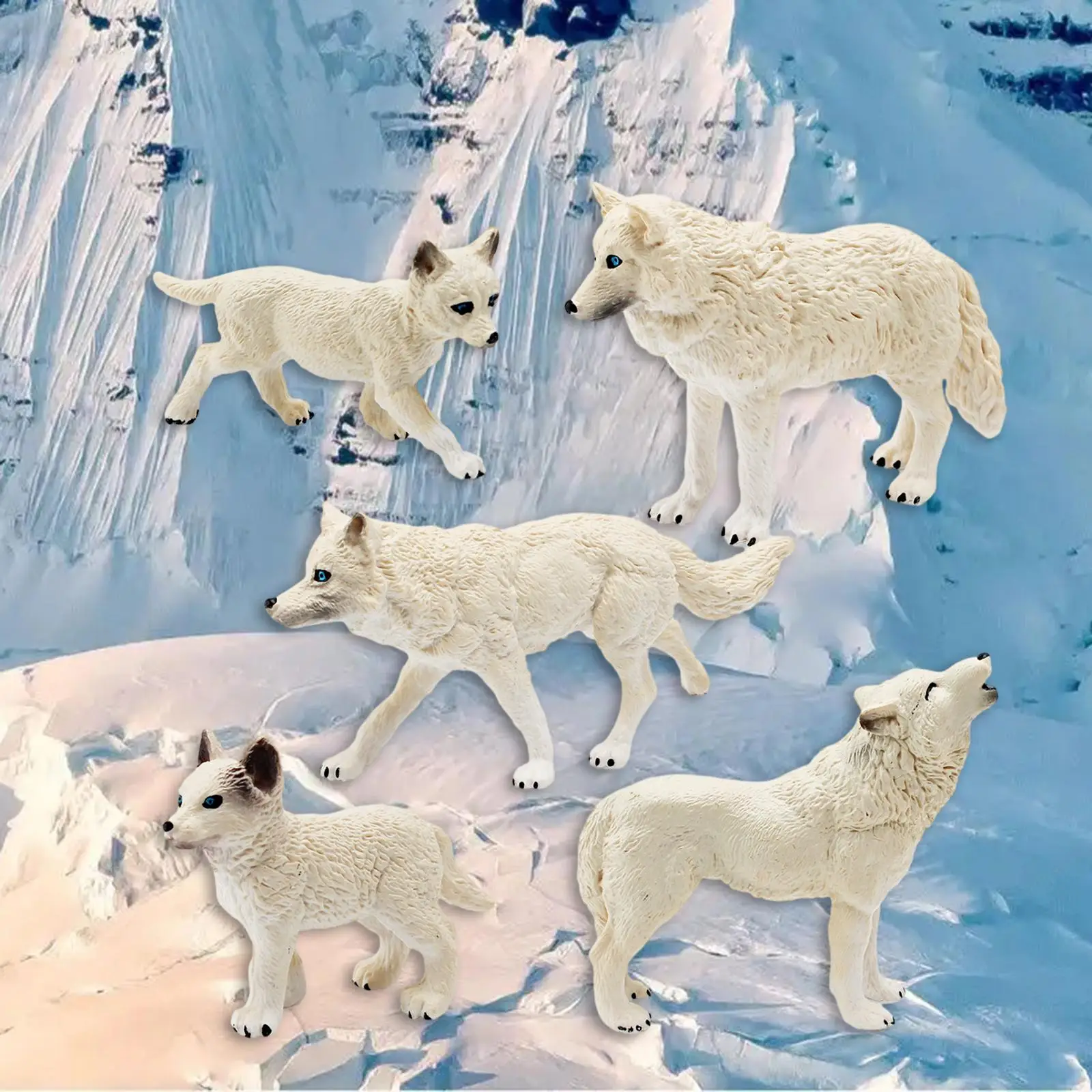 5Pcs Wolf Figurines White Wolf Playset Model Preschool Simulation Wildlife Animal Statue for Birthday Gifts Cake Topper