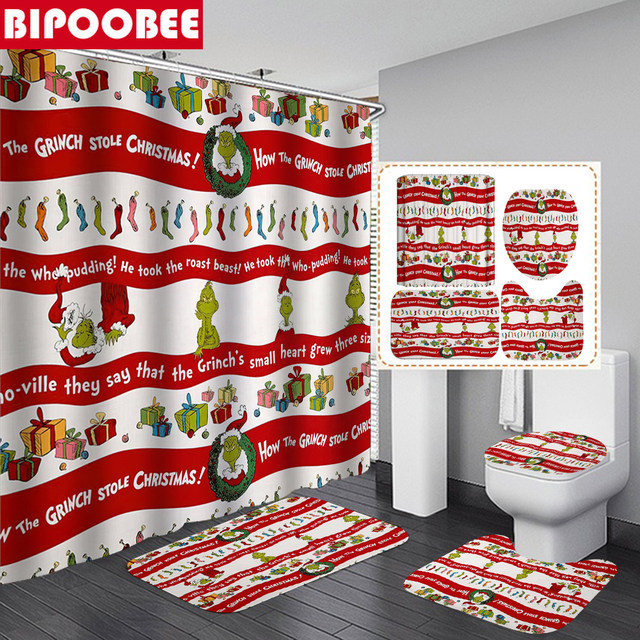  4Pcs Christmas Elk Grinch Shower Curtain Set with Non