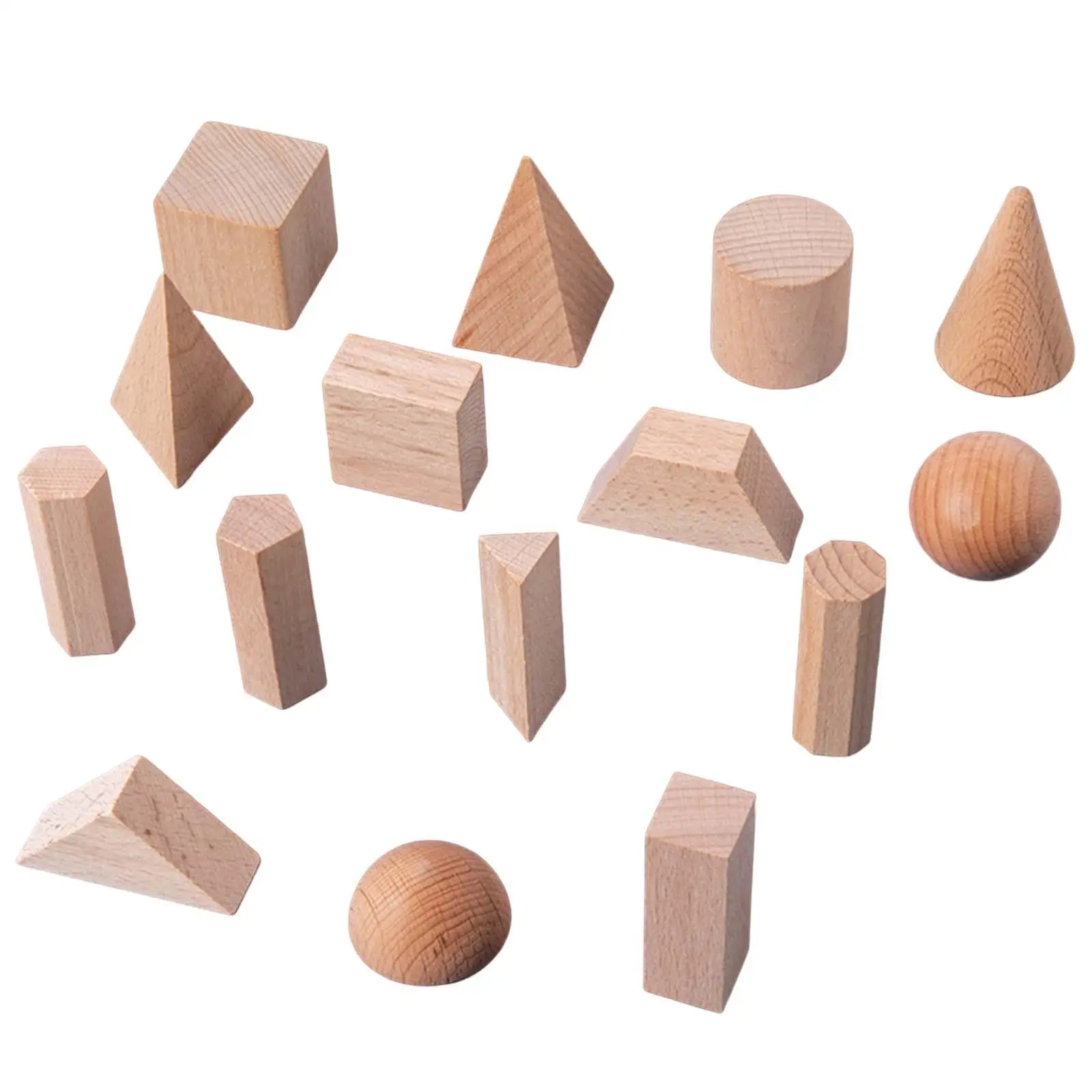 15 Pieces Wooden Geometric Solid Blocks 3D Shapes Learning Education Math Toys for Ages 2+ Kids