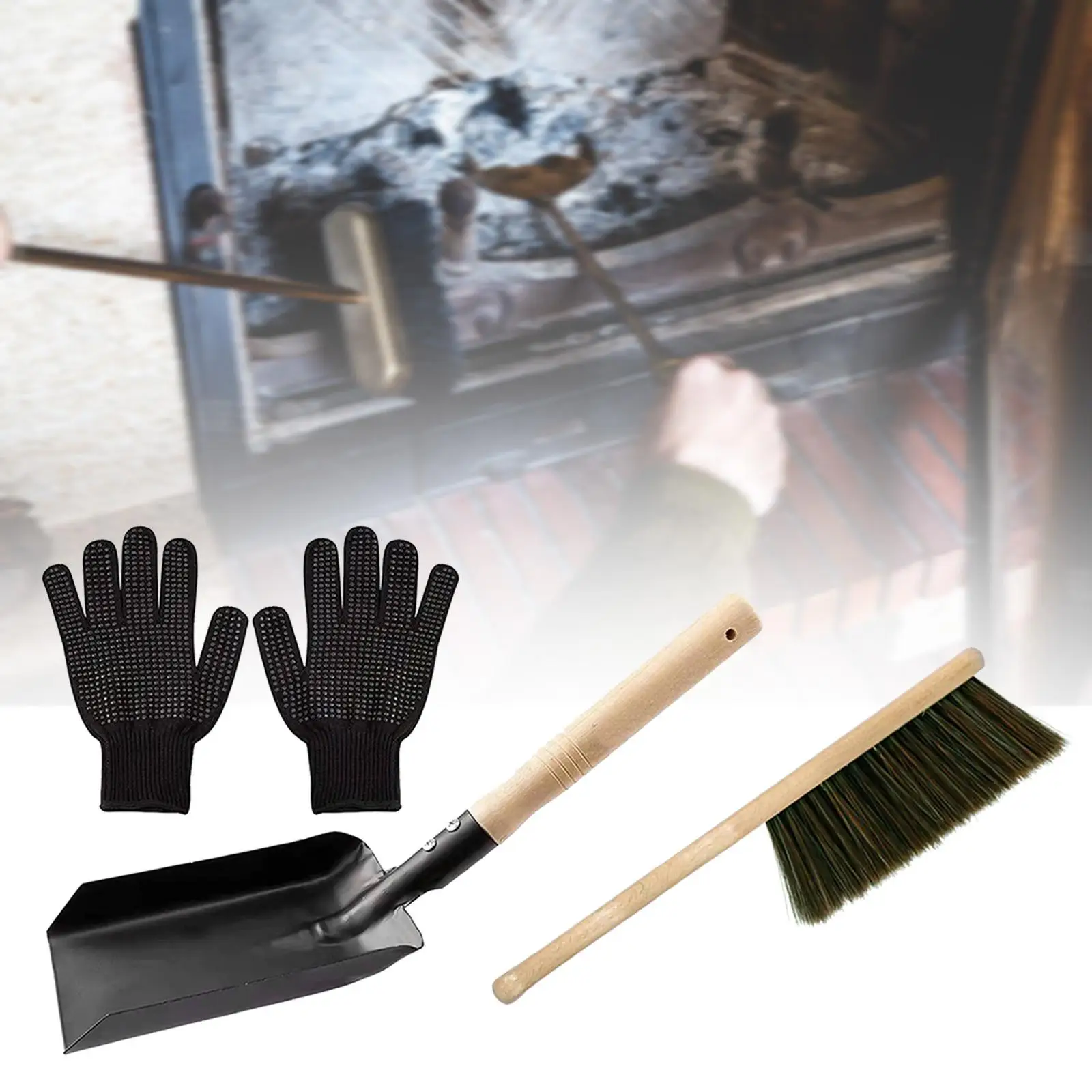 Fireplace Tools Set Ash Silicone Gloves Firepit Tools Dust Shovel Hearth Tidy Wood Burner Accessories for Dust Cleaning Indoor