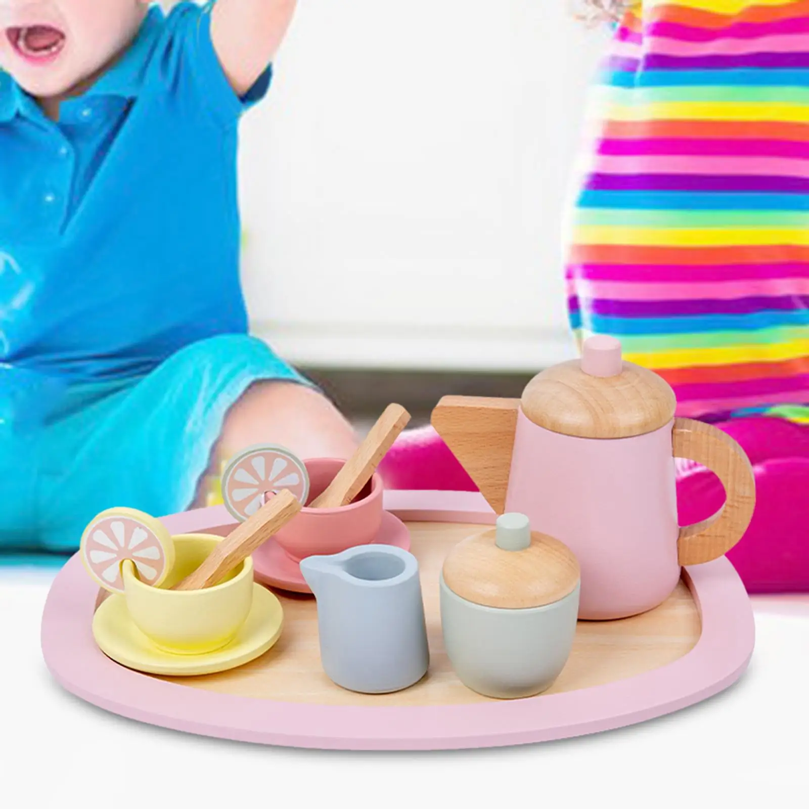 Wood Tableware Set Tea Coffee Cup Saucers Spoons Tray for Preschool Boy Girl