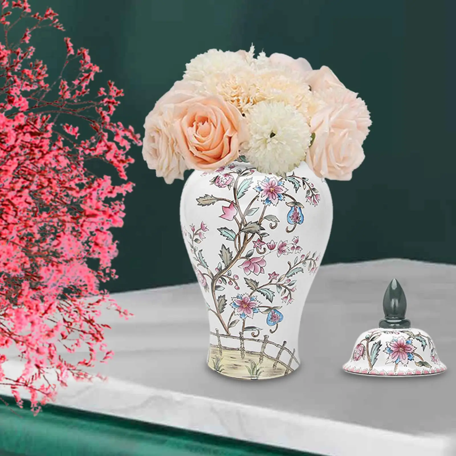 Ceramic Flower Vase Temple Jar Porcelain Ginger Jar for Dining Table Party