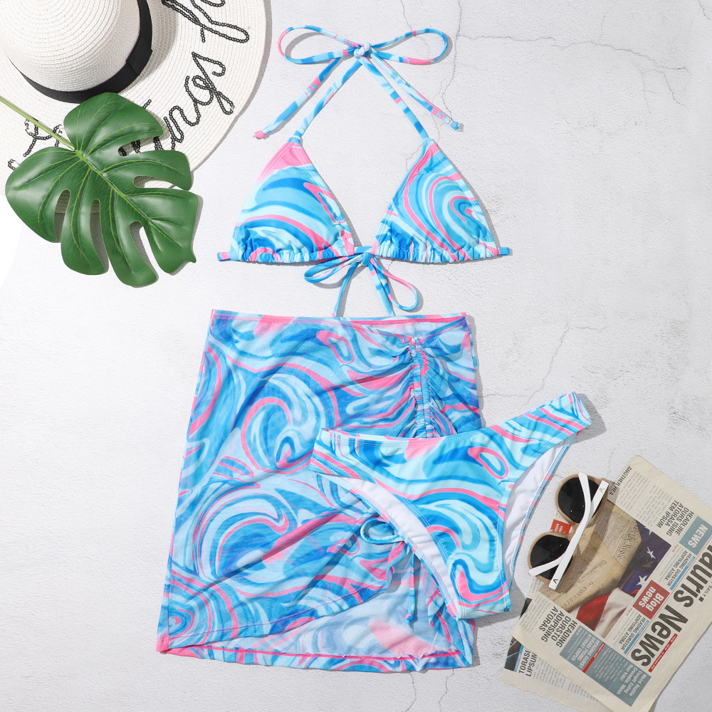 bathing suit wrap skirt 3Pcs Swimwear Women Bohemian Printed Bikini Sets + Mesh Sheer Drawstring Sexy Beach Skirts Bikini Cover Ups Female Summer 2022 bathing suit cover