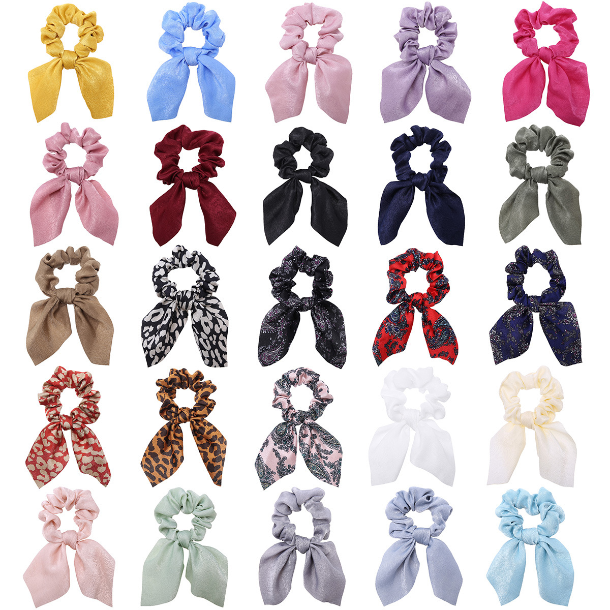 Frauen Seide Scrunchies Elastische Haargummis Kaninchen Ohren Floral Leopardenmuster Haarband Pferdeschwanz Haar Seile Mädchen Zubehör – Detail 2
