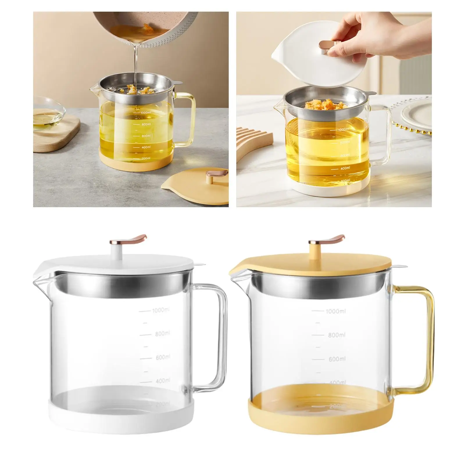 Grease Container Fine Mesh Strainer Fat Separator 1000ml Storage Tank and Lid Cooking Oil Container Oil Filter Pot