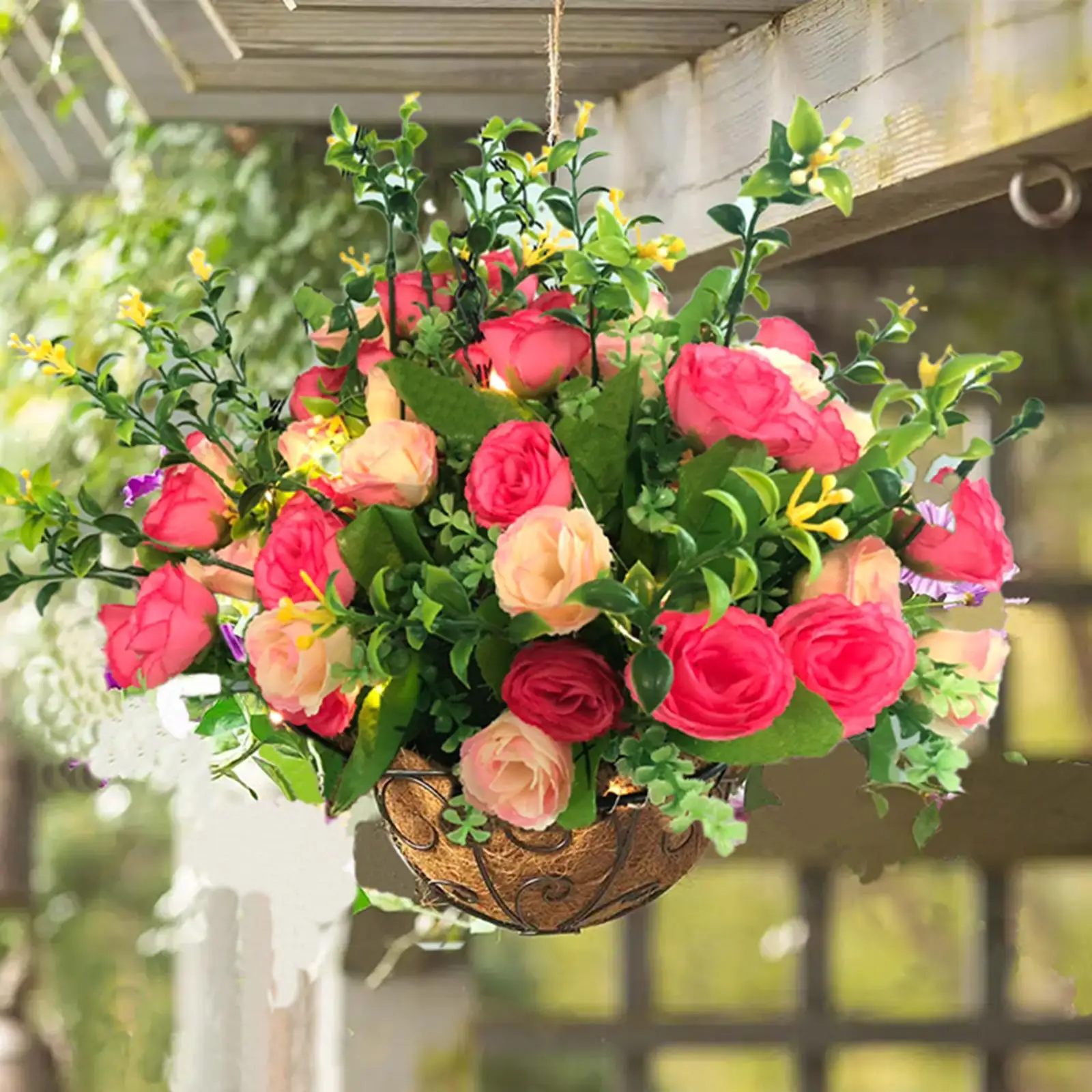 Hanging Basket with Artificial Silk Flower for Outdoor/Indoor Decor