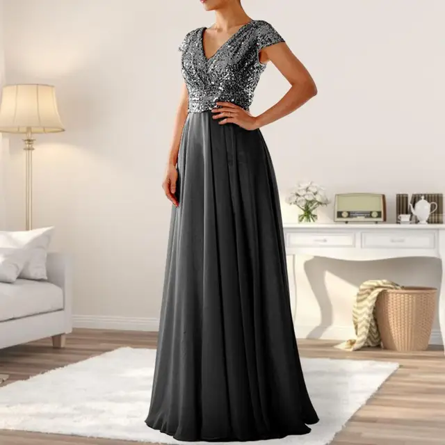 Vestido de festa longo com lantejoulas feminino, elegante vestido de  casamento, chiffon azul dama de honra, sem mangas, decote em v - AliExpress