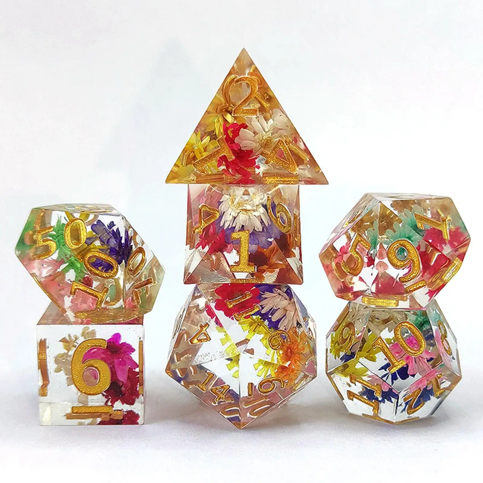 7pcs Multi Sided Dice Built-in Flower Pattern D4 D6 D8 2xd10 D12 D20 For Dnd Rpg Board Games Accessories Role Playing Bulk