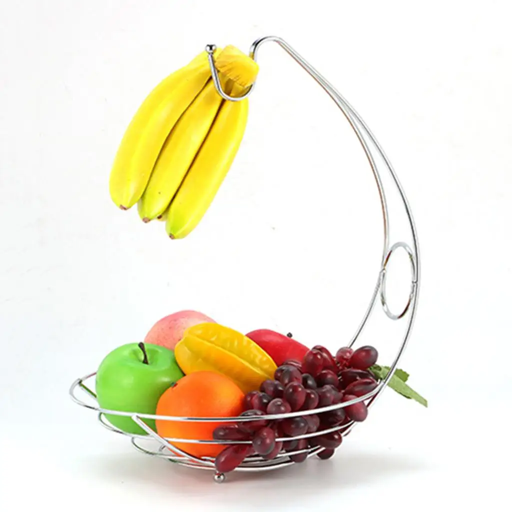 2 In 1 Chrome Iron Banana Hanger Fruit Bowl Tree Holder Basket Stand Hook kitchen Fruits Basket 240x240x440mm