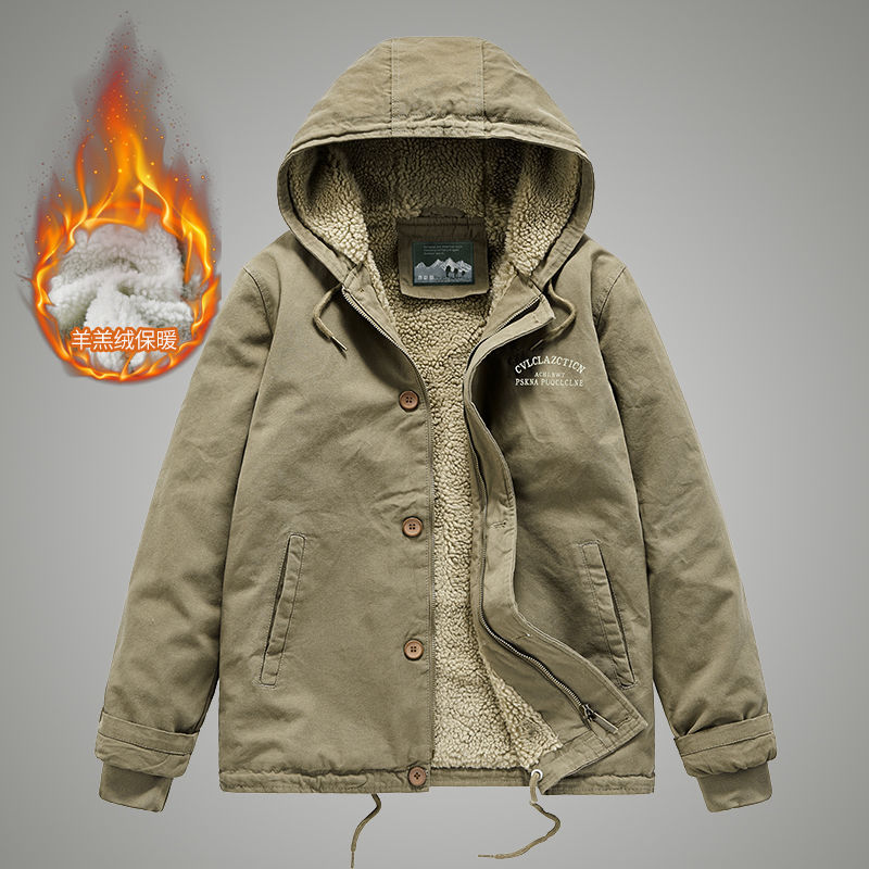 Men's Jacket Hooded Parkas Lamb Fur Lining Men's Winter Jackets Plush Men's Cold Jacket Thickening Motorcycle Jacket
