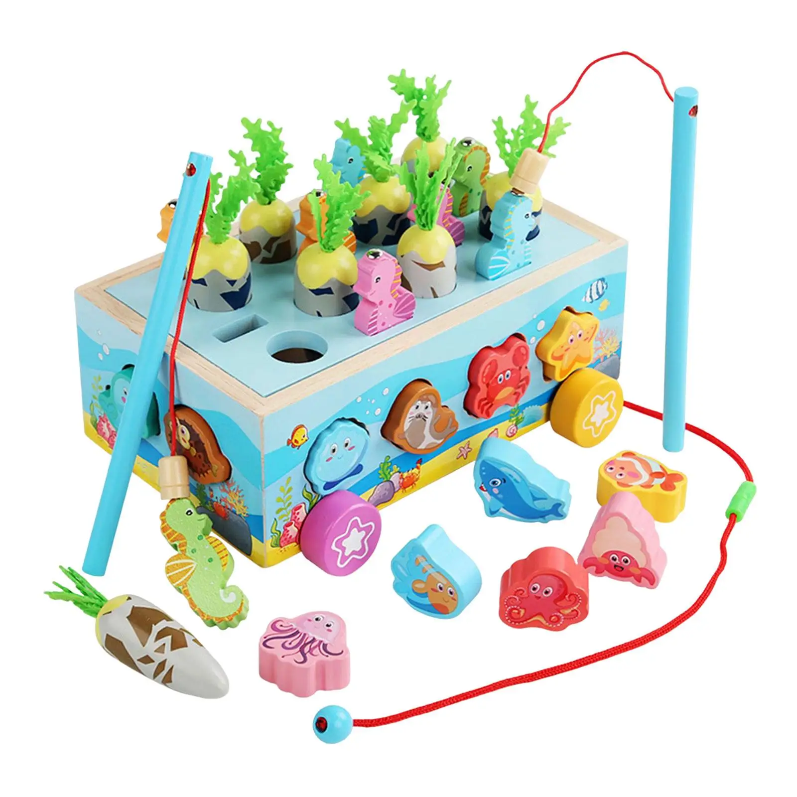 Montessori Wooden Shape Sorter Toys Fine Motor Skills Fishing Game Car with Animal Blocks for Toddler Girls Boys Birthday Gift