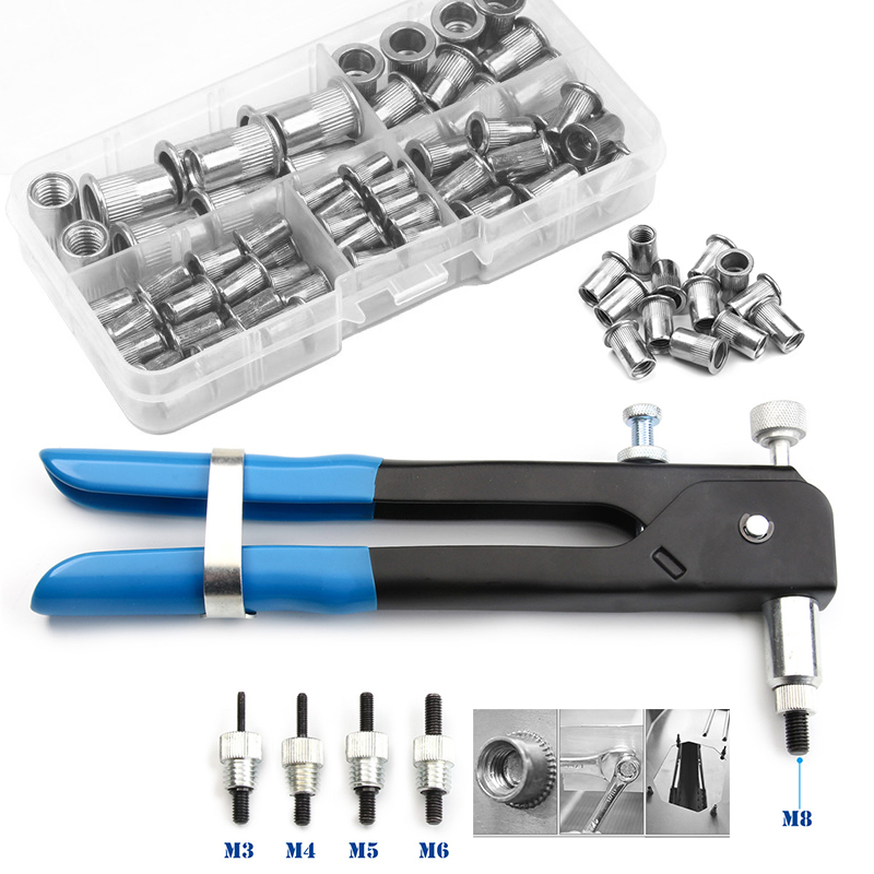 100pcs Tool Kit M3/M4/M5/M6/M8 Aluminum Rivets Nuts Rivet Gun Threaded Riveter Flatheadscrew Fasteners Accessories Nuts&Bolts