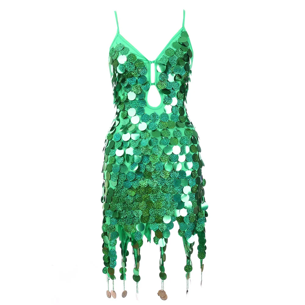 Women Sequin Fish Scales Tassel Dress Belly Dance Performance Sparkly Dress Festival Clothes Rave Party Costume Nightclub Wear
