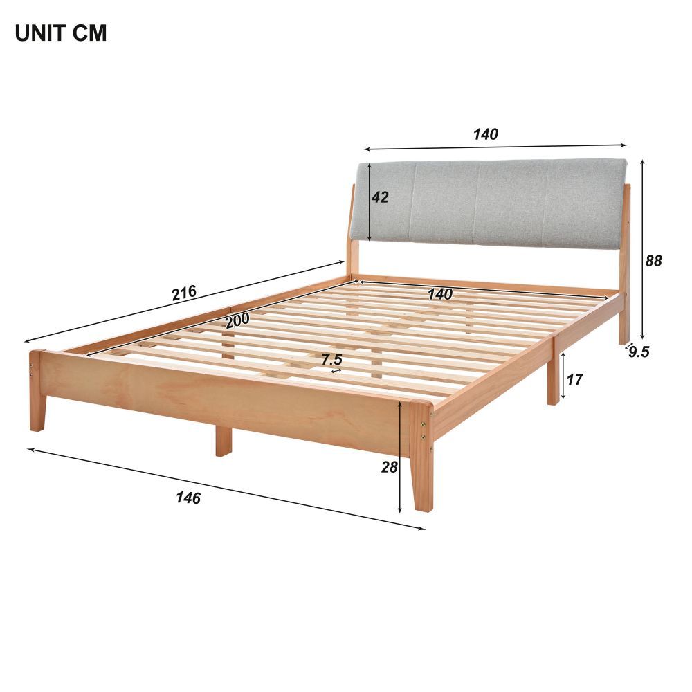 Wooden Bed, Single / Double Bed, Upholstered Headboard, Youth Bed, Adult Bed, Frame Made of Pine Wood (90x200cm / 140x200cm)