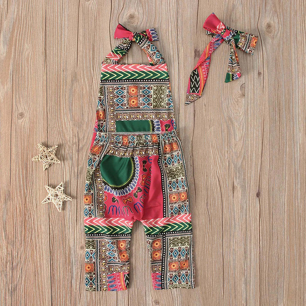 New Summer Baby Clothes Toddler Baby Girls Sleeveless Dashiki African Print Romper Jumpsuit Clothes Headband Set For 3M-3T Warm Baby Bodysuits 