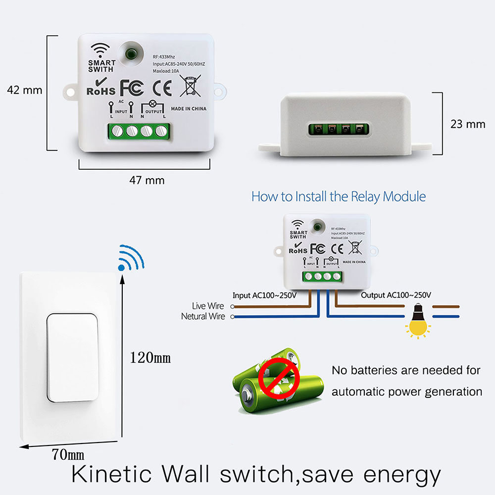 Беспроводной Автономный выключатель света, не требует батареек,  водонепроницаемый настенный выключатель, 220 В, 10 А, мини-приемник для  домашнего освещения, вентилятора лампы | AliExpress