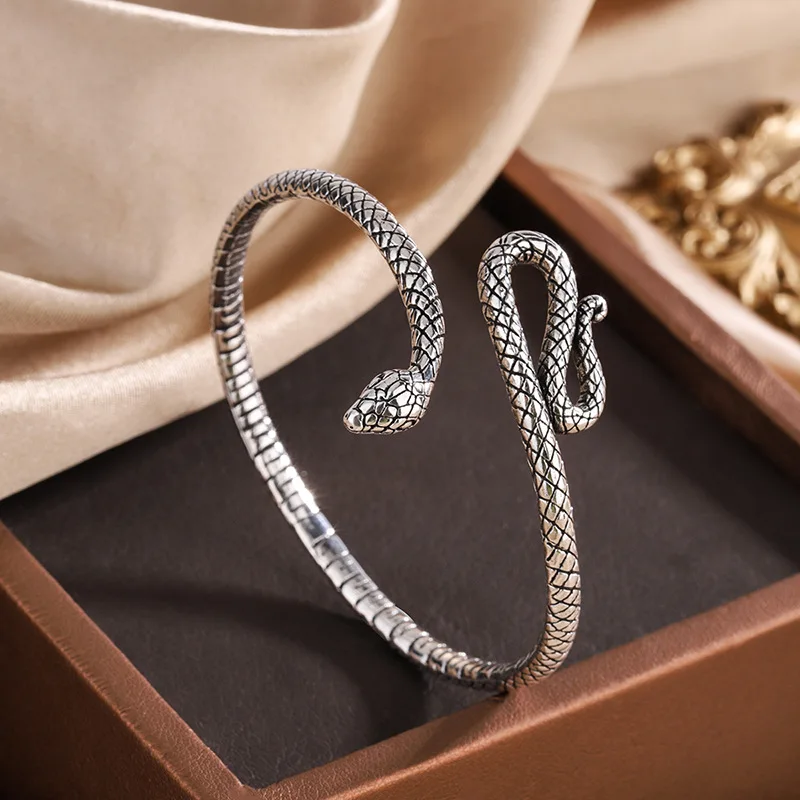 Винтажный серебряный Браслет-манжета в форме змеи для женщин, женскиерегулируемые браслеты, ювелирные изделия для вечеринок, подарки