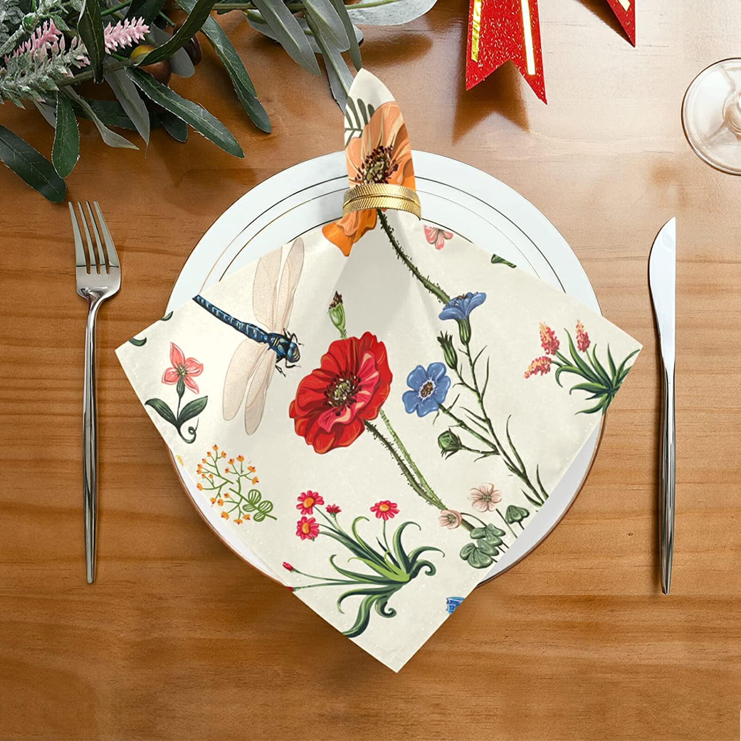Description Picture 3 of itemVintage Dragonfly Floral Table Napkins Wedding Decoration Leaves Reusable Cloth Napkins for Dining Table Holiday Party Decor