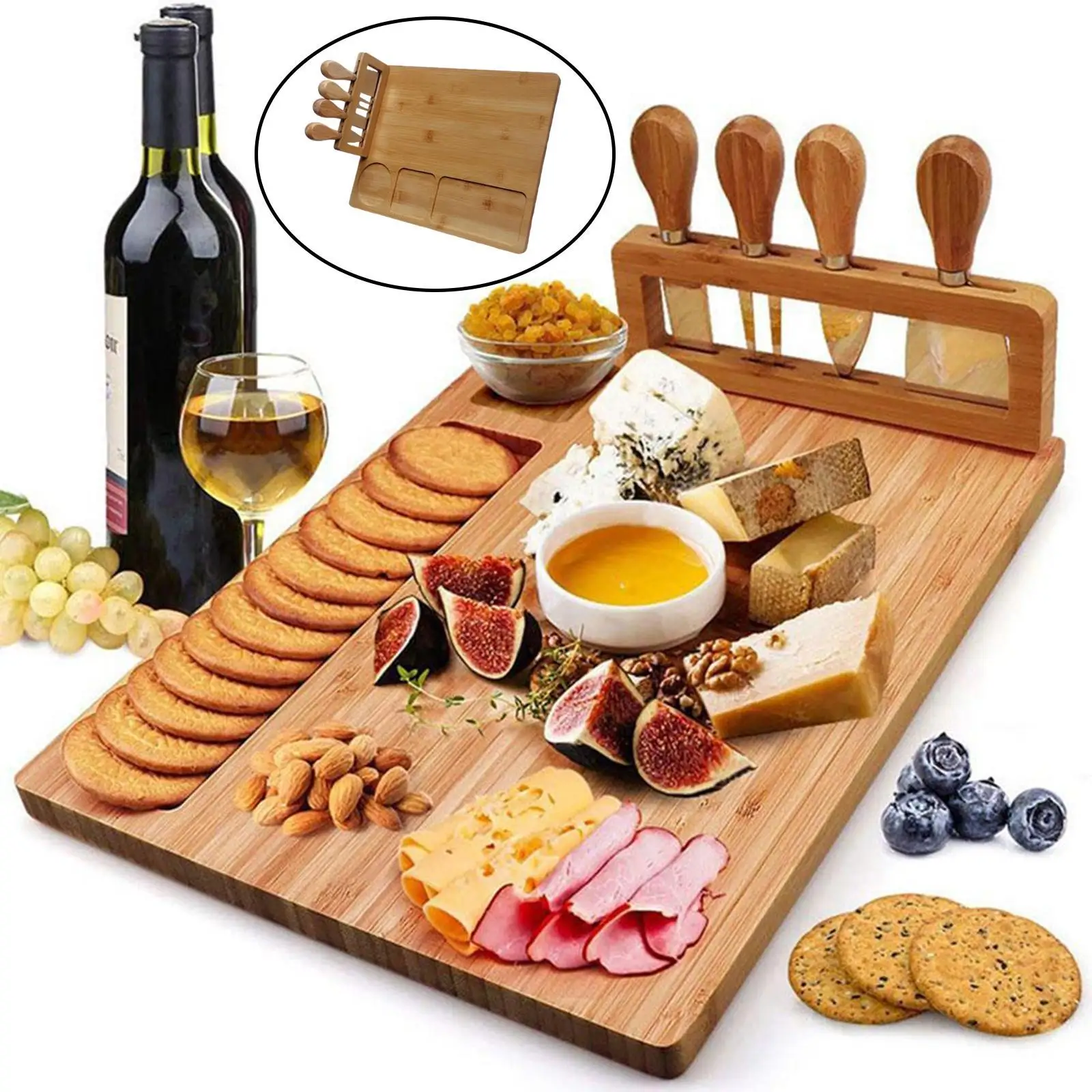 Bamboo Cheese Board with Knife Set Cheese Slicer Fork Scoop Cut Kitchen Cooking Tools Bamboo Cutting Board