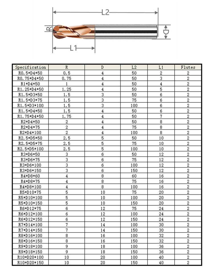 HRC55 2Flutes Carbide Ball Nose End Mill R0.5 R1 R2 R3 R4 R5 R6 Tungsten Cobalt Alloy end mill metar mill cutter router bit