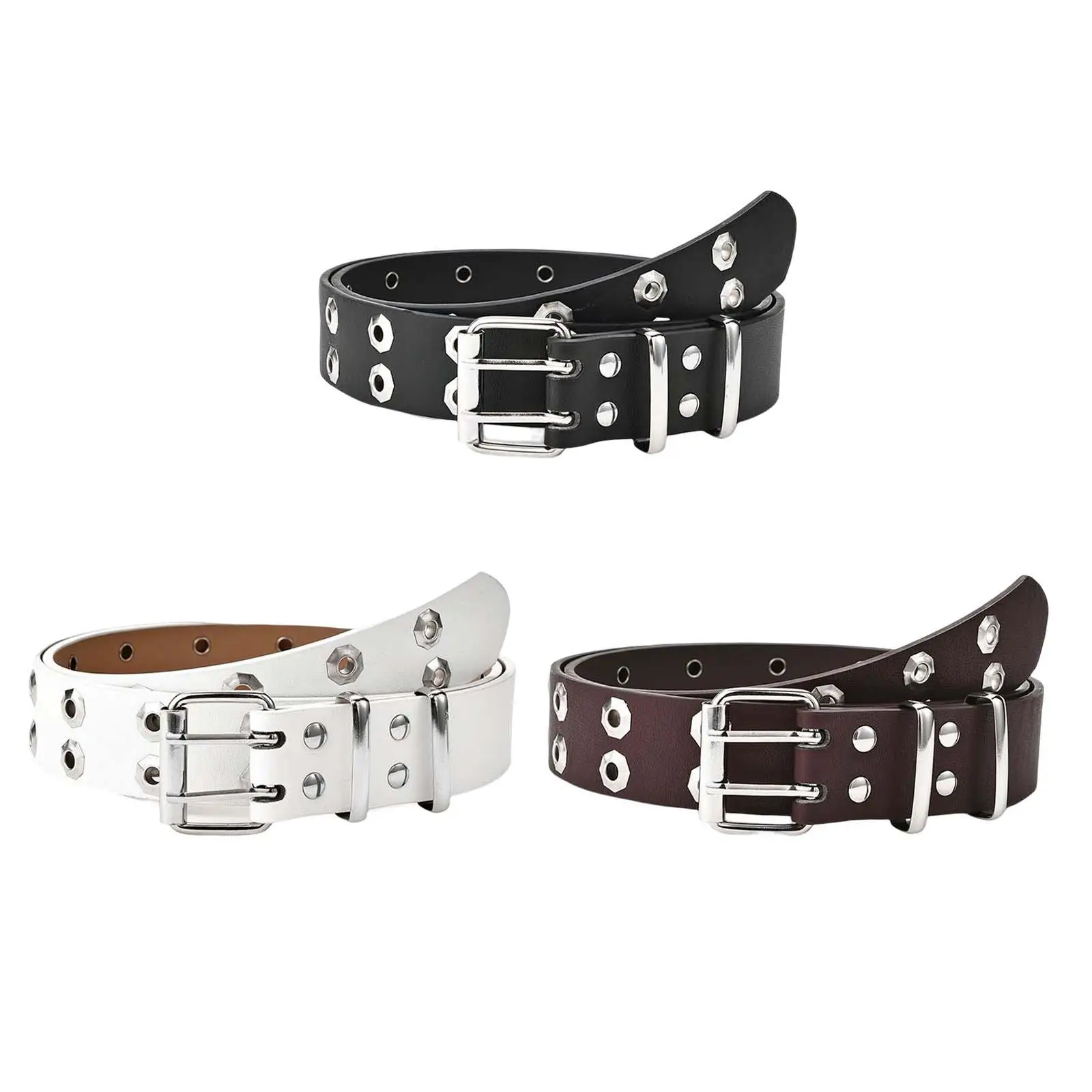 Double Grommet Belt PU Leather Fashion Stylish Waistband Double Prong Buckle Punk Waist Belt for Club Cosplay Dresses Daily