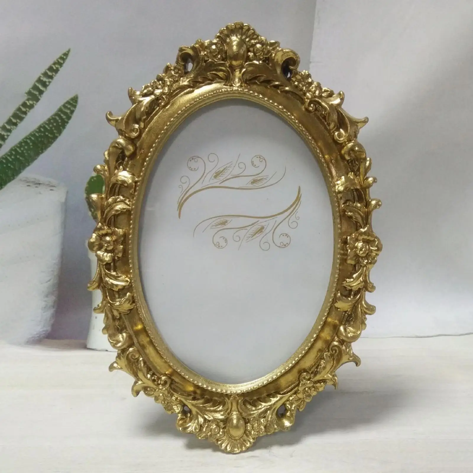 Antique Photo Frame Tabletop Wall Hanging Carved Ornate Table Ornament Oval Picture Frame for Party Bedroom Hallway Home Desktop