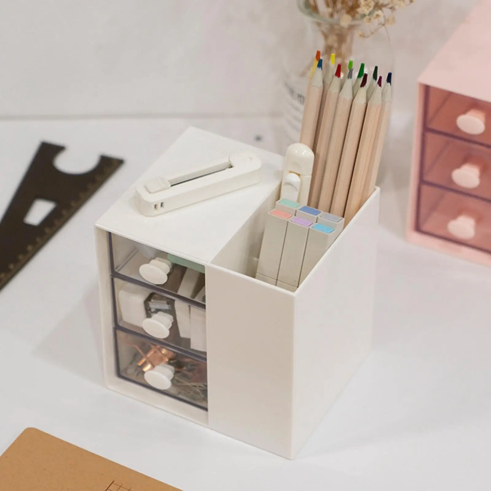 Vanity Organizer Pencil Storage Box with 3 Clear Drawers Saving Space Functional Accessories for Women Girls Cosmetic Organizer