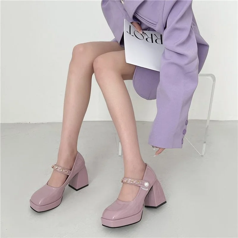 Super High Root Shoe Female 2021 Summer Retro Mary Jane Square Root Women's Shoes Color Matching Shallow Mouth Beaded High Heels
