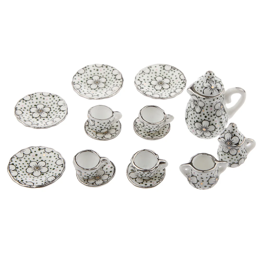 1:12 Ceramic 17pcs  Dot Pattern Dolls House Miniature Tea/Coffee Set