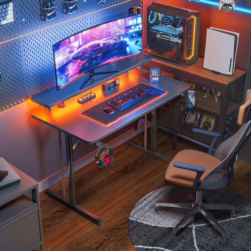 Description Picture 3 of itemSmall Gaming Desk with LED Lights, Computer Desk 31 Inch Gaming Table with Monitor Shelf, PC Gaming Desk Gamer Desk with