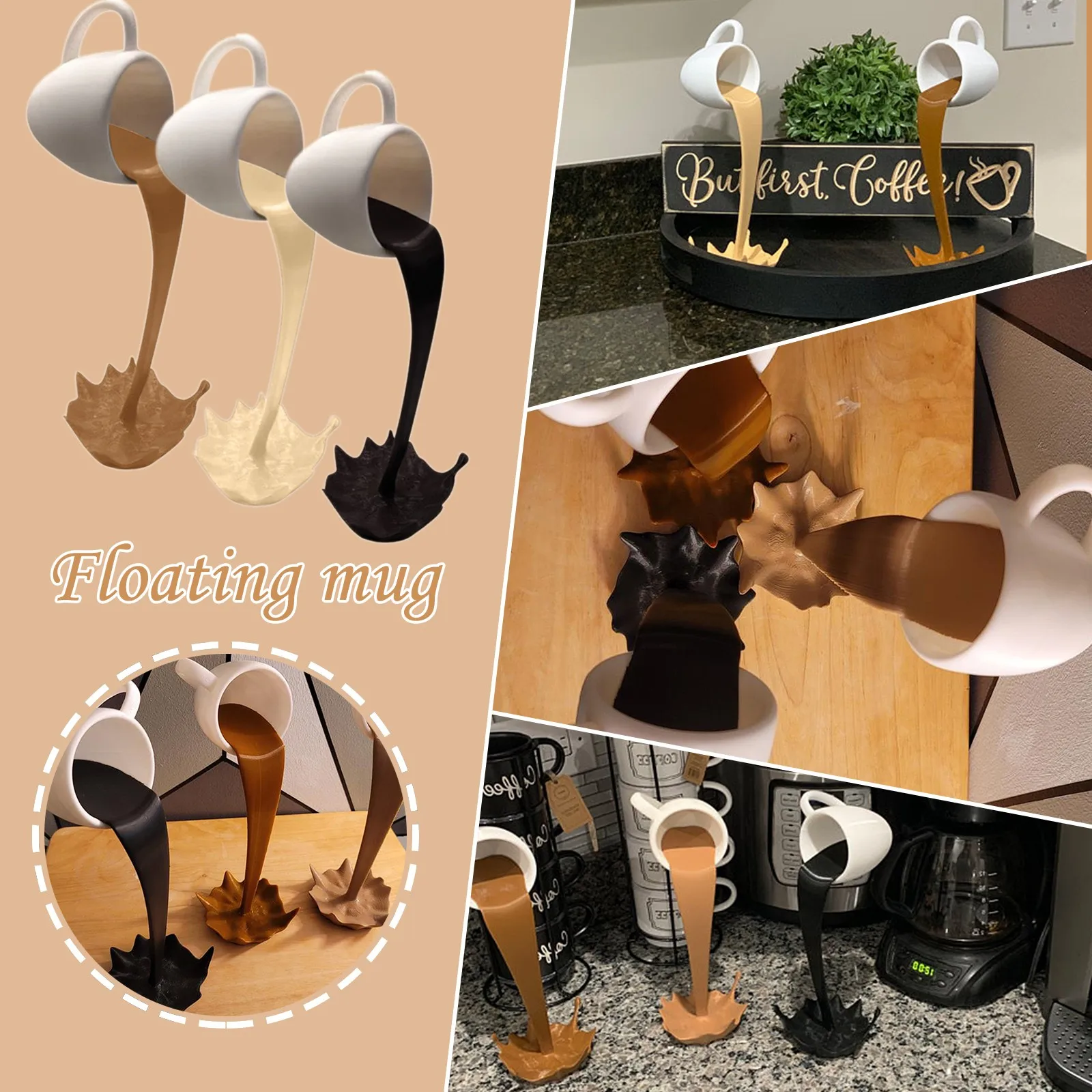 Resin Statues Floating Spilling Coffee Cup Kitchen Decor Spilling Magic Pouring Splash Creative Desktop Home Decoration Crafts