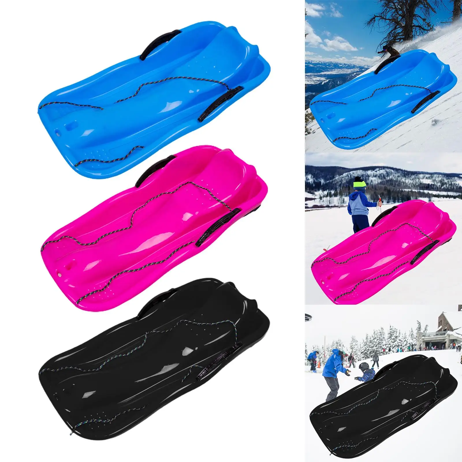 Portable Winter Snow Sled Kids Sledge Sledding Double Human Sleigh with Double Seat with Pull Rope Toboggan for Skiing Lawn Yard