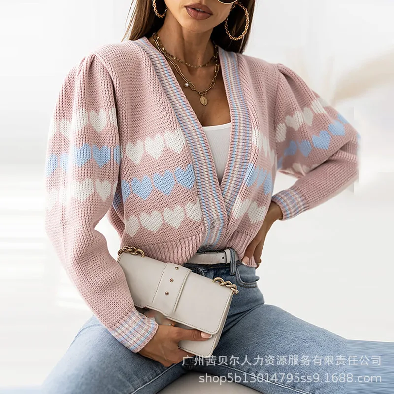 cropped sweater Women Sweater Jacket Spring Autumn Love Print Loose Knitted Coat Women's Casual Button Long Sleeve V-neck Cardigan Short Sweater christmas sweaters