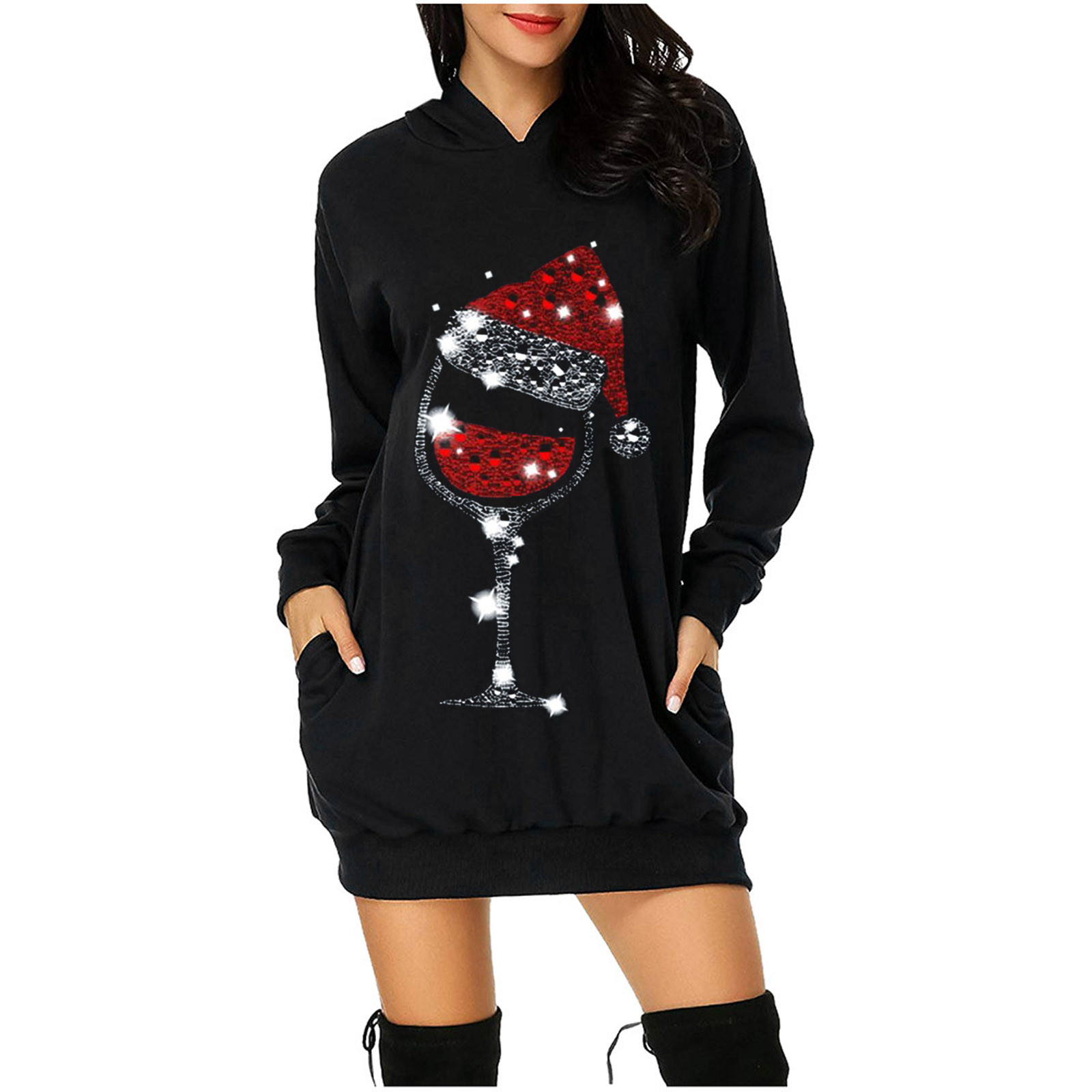 Christmas Hoodie Dress Fashion Sequin Print Winter Pocket Hip Hoodie  Christmas Dresses Women Long Sleeve T Shirts Mini Vestidos - купить по  выгодной цене | AliExpress