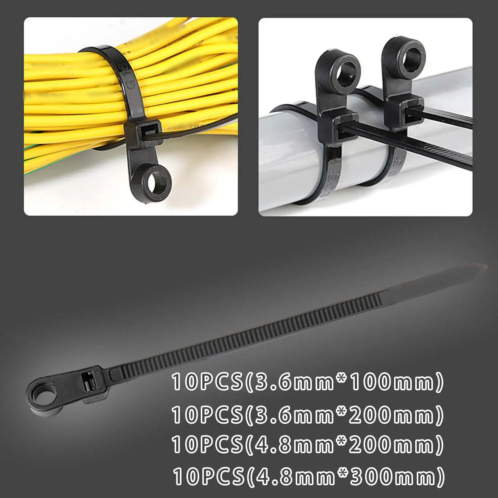 10x Cable Zips Wire Tie Wraps Bundle Strap with Screw Hole Mount for Office Cable and Wire Assembly Garage Garden Home