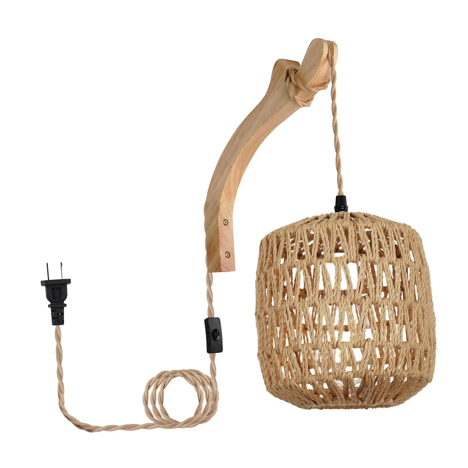 Wall Sconce Adjustable Cord Handwoven Lampshade Rustic Wall Lamp with Wood Arm for Dining Room Bedroom Bedside Kitchen Decor