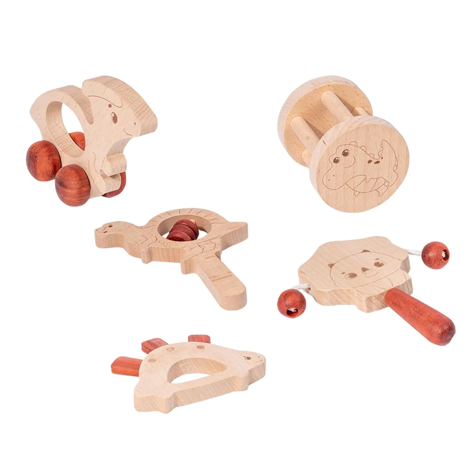 5Pcs Wooden Baby Toy Set Wood Car Early Learning Baby Rattle Wood Toy Rattles Montessori Toys for Babies Infant 6-12 Months